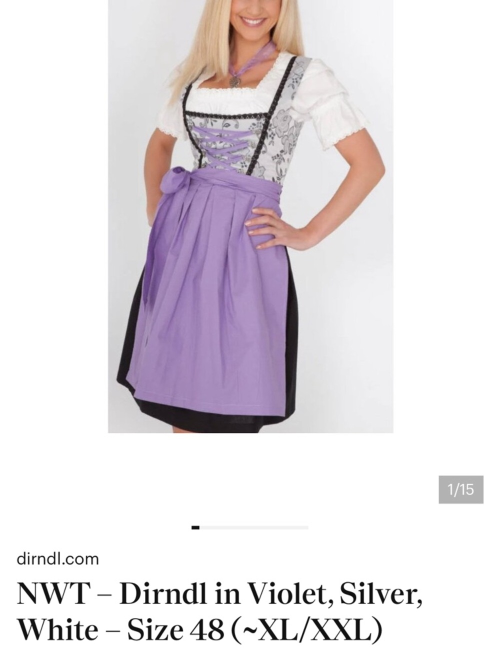 NWT – Dirndl in Violet, Silver, White – Size 48 (~XL/XXL)